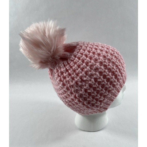 KYI KYI WOMEN’S FAUX FUR POM POM CLASSIC KNIT BEANIE PINK , ONE SIZE . - Picture 4 of 9